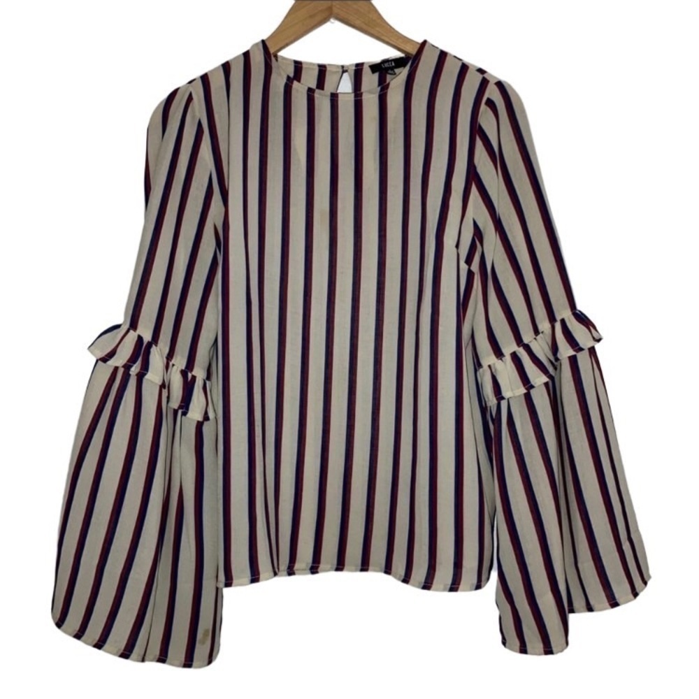 Lucca Stripe Bell Sleeve Top L Cream Blue*